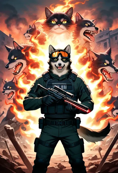 In the center of the poster, a ruined arena stands, with crumbling walls and debris scattered across the ground. The background is filled with billowing smoke and flickering flames, creating a tense and chaotic atmosphere. On the left, a cat wearing a tact...