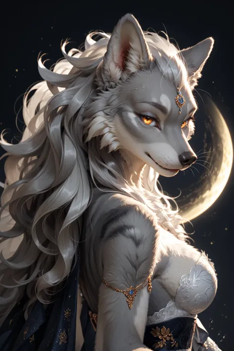 Furry, Anime-Series,  Absolutely beautiful wolf girl,  long thick mane,  silver-gray fur , ultra sexy,  nice body, moving ,  whole body, Dark background with small moonlight gradient, ultra realistic details,   best quality , best anatomy, Lighting effects...