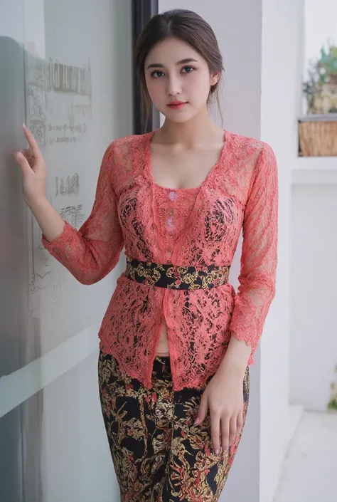 A cute Korean girl, hair on neat bread, wearing a long -sleeved red Javanese modern kebaya batik and a rather long black batik skirt below. Standing casually with both hands next to the glass wall with "Indonesian batik" written on it. 