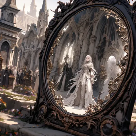 Detailed 8k mirror of the evil infernal reflection overflowing white power with graveyard in the background