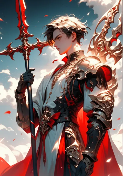 mythp0rt, 1boy, old, short hair, solo, holding spear, gauntlets, armored, red theme, masterpiece, best quality, amazing quality, intricate detail, highly detailed, absurdres,
