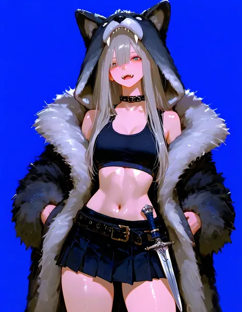       8k wallpaper、  Masterpiece、最            high quality          、            high quality          、          so aesthetic,           absurd,   latest,              1 female、 gray hair、 wolf costume  、  sharp claw 、  fur coat 、 black sports bra、 minisk...