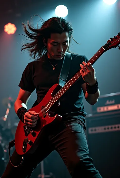 Asian guy playing metal guitar