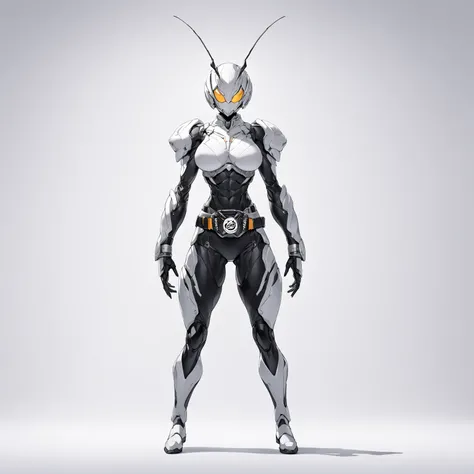 Top quality, full body, standing, from front,looking at viewer, plain white background, pure white background, solid white background.no human features,An insect-like female humanoid monster, large breasts, muscular, a rider belt around her waist