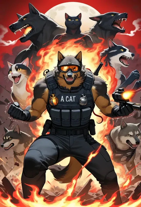 In the center of the poster, a ruined arena stands, with crumbling walls and debris scattered across the ground. The background is filled with billowing smoke and flickering flames, creating a tense and chaotic atmosphere. On the left, a cat wearing a tact...