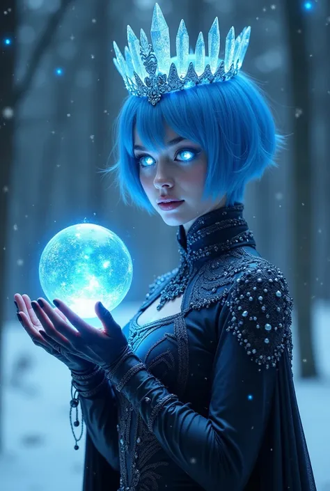 A majestic woman with short electric blue hair and glowing white eyes.  Her dark attire with crystalline details evokes ice ,  while holding a sphere of bright blue energy . A floating crown of ice adorns her head ,  giving her a divine air in a starry win...