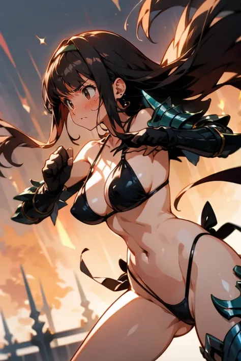 ((((gstring thong)))), ((gigantic breasts)), (transparent erect nipples), (((transparent transparent transparent black green bikini fantasy warrior armor))), (((bare shoulder,))), ((slender:1.2)), (gigantic hips), (gigantic buttocks), ((())), ((((the crotc...