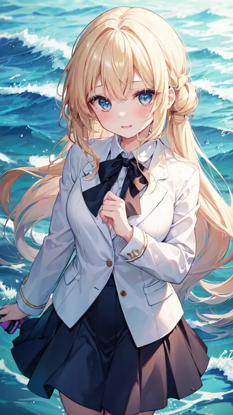 (8k,  top quality,  Masterpiece: 1.2), ultra high resolution, 1 person,  cute,  alone, highly detailed face,  are standing,  blond,  blazer,  shirt,  blouse, ribbon,  NAVY BLUE のシワ付スカート,  NAVY BLUE , Gothic Long Skirt, sea, sea水浴,  soaked,  water play , Wa...