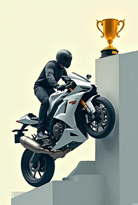 Generate an image of a  who is climbing on a motorcycle and at the end of the climb there is a trophy (Make the image easy to draw)