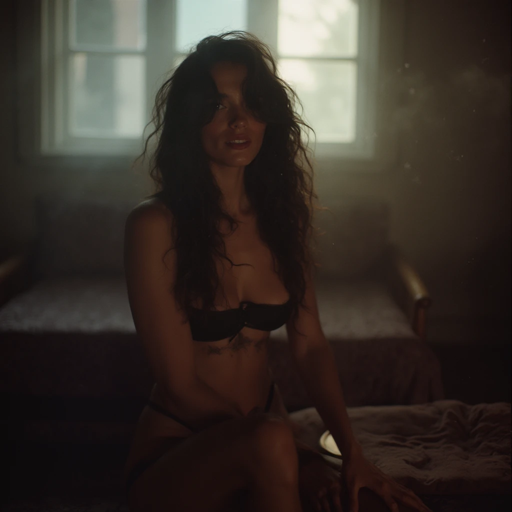    A high ISO, grainy film look, cinematic style, inspired by 35mm film with visible grain, soft focus, muted colors, atmospheric, low-light effect. Captured in the style of ((Helmut Newton)), a high ISO grainy photograph of a beautiful 18-year-old woman w...