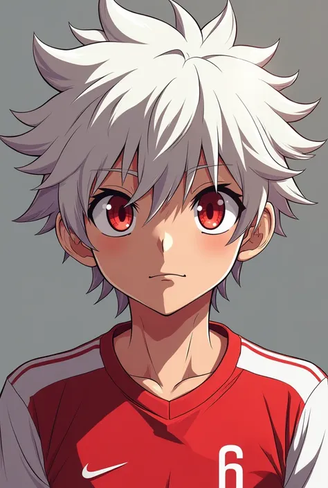 ( oeuvre d&#39;art,    Qualité maximale , meilleure qualité, Art officiel,  magnifique et très très esthétiquement menaçant:1.2)  Garçon Inazuma Eleven OC aux cheveux  blanc et aux yeux rouge  scarlate menaçants.Uniforme blanc et rouge artificiel stylé.
il...