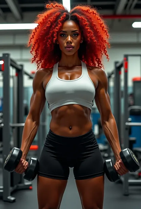 black woman with red curly hair in tight shorts and white bra in the gym lifting 2kg weight