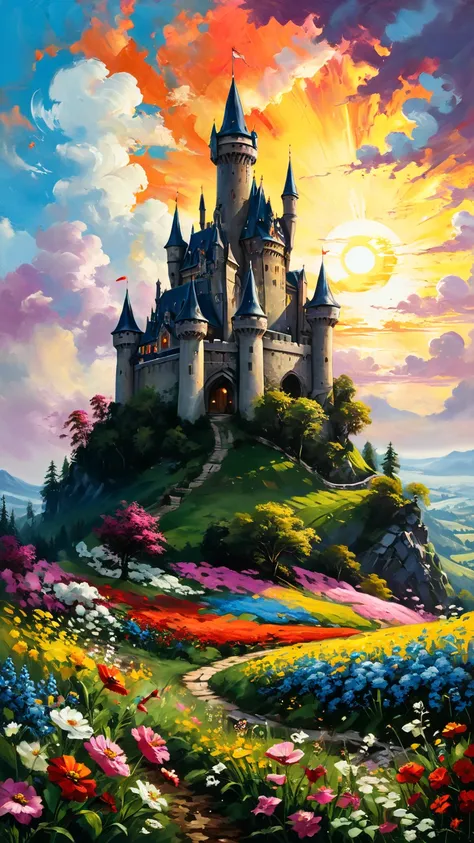 A brightly colored painting depicting a calm, medieval castle on a hill running through a meadow with beautiful flowers, a sky with clouds lit by the setting sun, in the style of James R. Eads, acrylic, paint splatter, colorful, fantastic, realistic surrea...