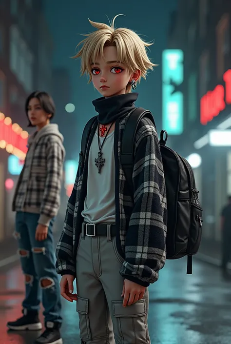 3D anime style, bjd style,  boy, blond hair, red eyes, cold expression, red skull earrings, high-necked black top, silver cross necklace, white open long-sleeved shirt, dark gray and light gray and white plaid long-sleeved sweater, closed sweater, gray bel...