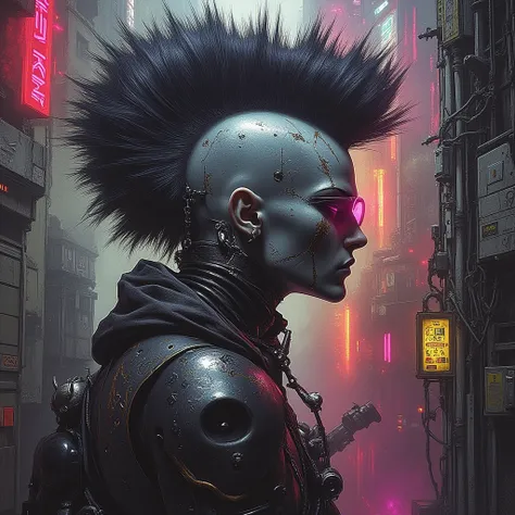 Portrait of post-apocalyptic chaotic beauty with a rusted neon mohawk hacking into security drones in a smog-choked neon-lit cyber slum. Masterpiece. By artist "hypermaximalist", 3d hyperreal, inspired by Alberto Seveso, abstract, punk collage, urbanpunk, ...