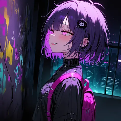  1 girl,Alone,Upper body,( Leaning against the Wall), profile, Black Goth Punk Fashion ,Purple Hair,( messy hair),amount, short bang,Mesugaki, pink eyes,  half closed eyes,(Crazy Eyes),ｍSouth Mask  , small breasts, hair ornament, pink backpack , vibrant co...