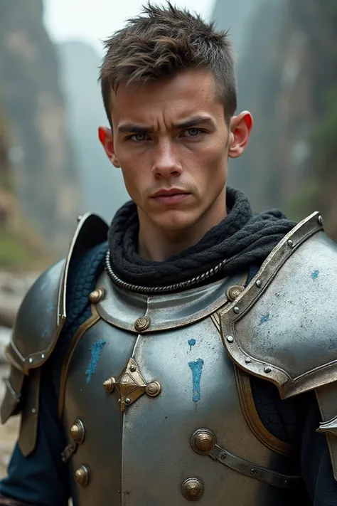 Young man in armor with a sword, five blue notches on his neck