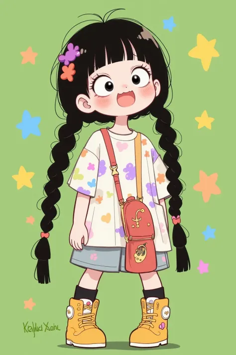 cartoon girl with long braids , Lovely art style, cute kawaii girl, Cute cartoon ,   Lovely Anime Style  , Animation Style,   Cute cartoon style,   soft and cute virtual anchor, Cute realistic portrait,   green theme  