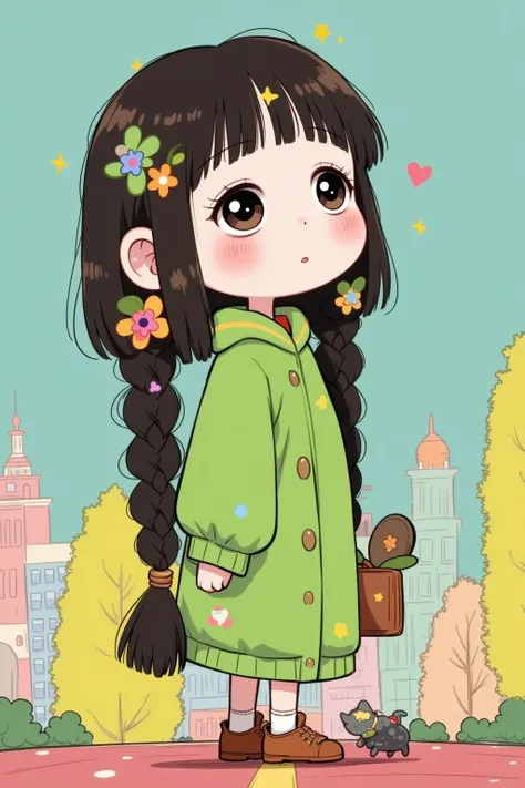 cartoon girl with long braids , Lovely art style, cute kawaii girl, Cute cartoon ,   Lovely Anime Style  , Animation Style,   Cute cartoon style,   soft and cute virtual anchor, Cute realistic portrait,   green theme  