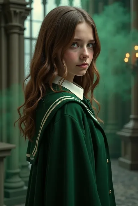 Créer une image d'une fille cheveux châtain lisse mi-long dans un uniforme noir et vert dans le style de la maison Serpentard dans harry potter s'il te plaît