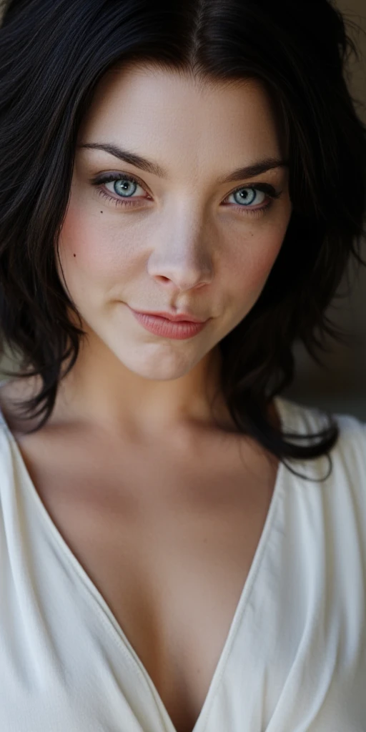 A close-up portrait of a woman with vibrant black hair, captured in ultra-realistic 8K resolution using a Canon EOS R5 with a 50mm f/1.2 lens. Her face is sharply detailed, with smooth skin textures, defined facial features, a pretty brunette caucasian wom...