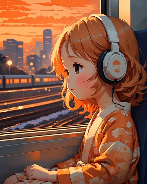 Portrait of a beautiful little (chibi)girl, sitting asleep on a train,Headphones were attached to his ears, the train window showed a view of the city at dusk, The orange color of the twilight sky looks beautiful, Dynamic angle shots produce beautiful mast...