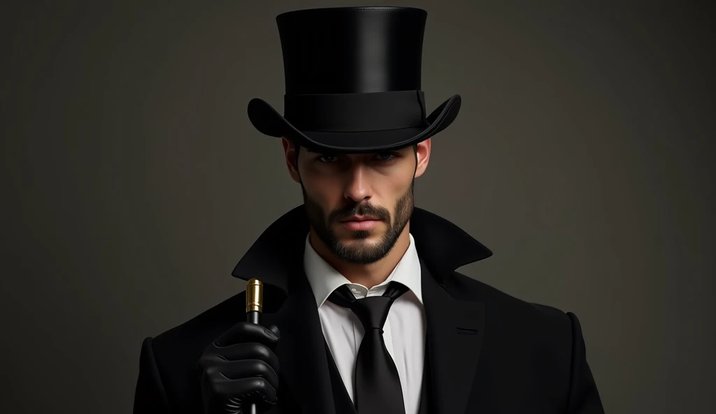  realistic image , gentleman, man with top hat,  eyes covered by the top hat,  short beard ,  muscular body , holding a cane, virile, Not a gloomy but extremely handsome face, Italian style, wearing a black suit