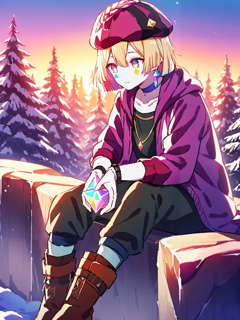 An adolescent boy with pale skin . his eyes are rainbows .  He wears a necklace that has a small cyan crystal in the geometric shape of an octahedron , a bluish choker and black bracelets on both hands, She has long golden hair with pink highlights that go...