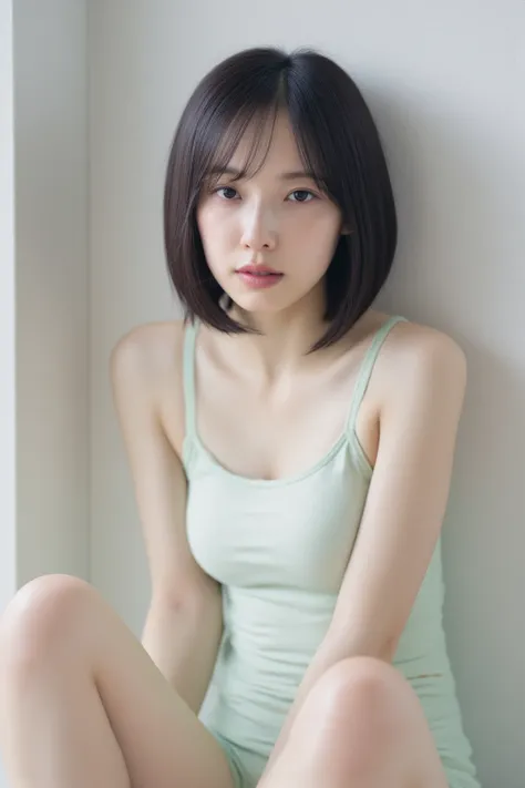 See-through tops、Small Breasts、 camisole、(background with white wall、Part of her hair is Mint green:1.4)、white wall、Taken in front of the white door、(a window)、((highest quality、8k、masterpiece:1.3))、ultra high resolution、( photorealistic :1.4)、raw photos、J...