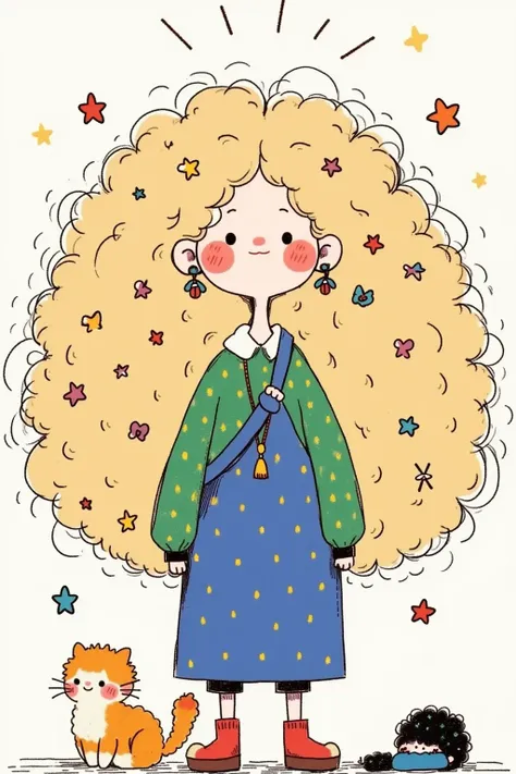  line doodle girl ，Low Fidelity， Young woman with round hair  ，  huge hair  ，   drawn in a naive style   , Lovely art style, Colorful illustration,  Curly blonde hair  | d & d, Low Fidelity女孩,   Her hair is Starry River  , Cute cartoon 