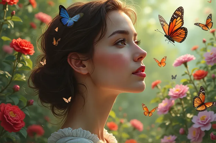 Have a profile photo with butterflies sitting around in a flower garden and have a complete resemblance to the woman's face 