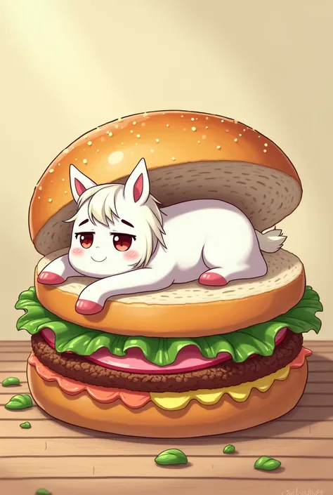 sandwich ,  huge sandwich,  in the middle instead of the cutlet lies a sick white pony, sad pony
, quality 4k,  anime style 