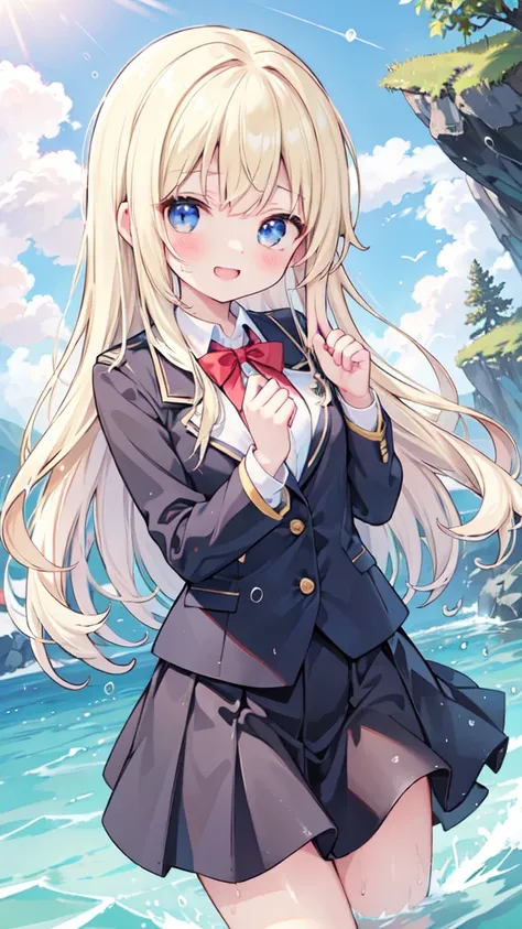 (8k,  top quality,  Masterpiece: 1.2), ultra high resolution, 1 person,  cute,  alone, highly detailed face,  are standing,  blond,  blazer,  shirt,  blouse, ribbon,  NAVY BLUE のシワ付スカート,  NAVY BLUE , Gothic Long Skirt, sea, sea水浴,  soaked,  water play , Wa...