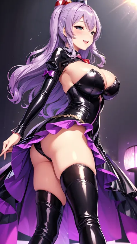  erotic、 ship this　Kashima、Big Breasts、shiny black and purple sequin dress、 long skirt、exquisite lace pattern、 Thigh High Boots 、purple love hotel with dark lights、black wall 、Evil grin、despise、 look down、Open your mouth slightly、 Evil Female Executive、adu...