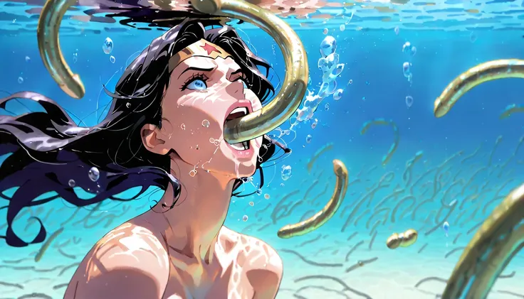 Masterpiece, high definition, beautiful face、Underwater Battle 、(((many Eels floating around Wonder Woman's face、 A group of swimming eels、eels swim around in the water))) 、Wonder Woman turns her face up、Straighten her throat )、open mouth,  an eels head in...