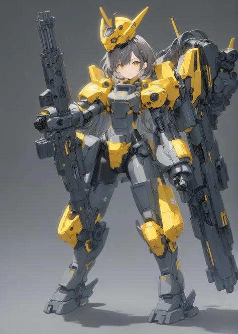 A young anime-style female figure, likely Asian, is depicted in a dynamic pose.  She is clad in a vibrant yellow mechanical suit, with dark gray armor plating and accents. The suit features intricate details and mechanical components, including a large gun...