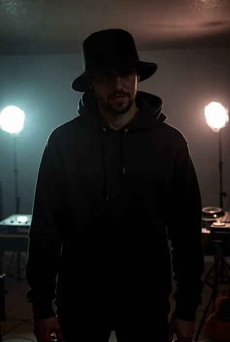 Music producer who is 30 years old, average but attractive and masculine face with facial hair and mustache, body is thin but fit, just released a record. Instructions: - Depict the music producer with a skating hat or skating hoodie partially covering the...