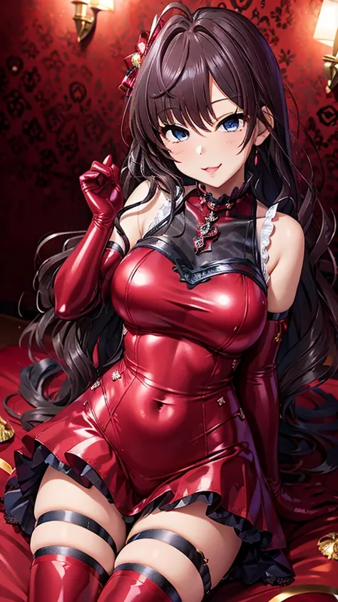  erotic、Ichinose Shiki、Big Breasts、 shiny black and red sequin dress、exquisite lace pattern 、 Thigh High Boots 、 pink love hotel with dark lights、 pink wall 、Evil grin、despise、 look down、Open your mouth slightly、 Evil Female Executive、adult、Married Woman、 ...