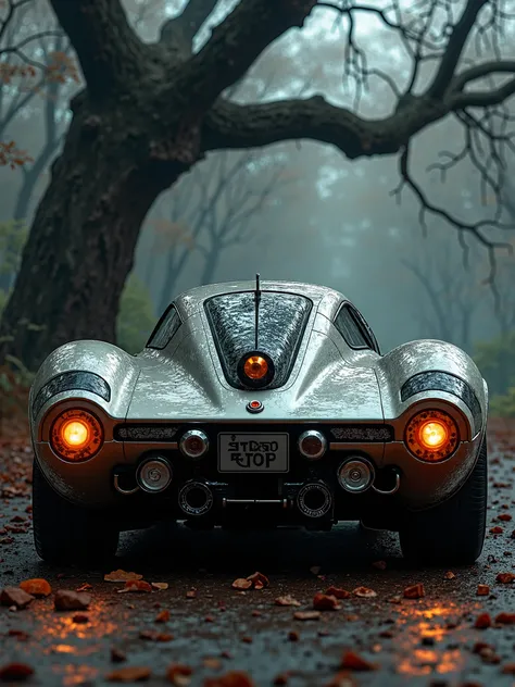 Retrofuturistic Vehicle with intricate rear with glowing headlights, perfect crafted, close up with symmetry, Horror old tree beside,realistic, moody, 4k uhd