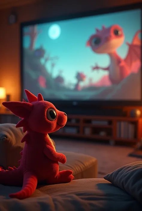 Stuffed toy red dragon sitting on couch,  watching film projector, screen focus