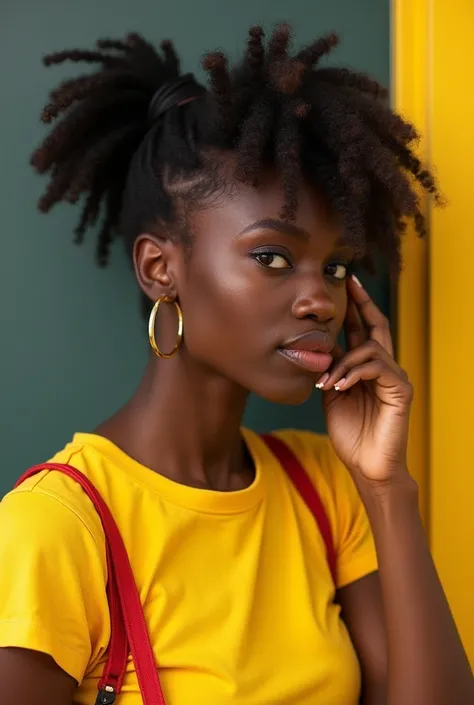 UNE BELLE FEMME NOIR AVEC DES CHEUVEUX LONG UN PEU MALGACHE AVEC UN TEESHIRT JAUNE ET DES ACCESSOIRE ROUGE TRES SOURIANTE ENTRAI DE FAIRE MARCHER LA T2L2 AVEC LA T2L2COMANDE  LEVER LA TELECOMMANDE UN PEU AU NIVEAU DE SA TETE SANS CACHER LA TETE 