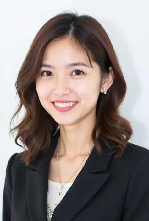 Beautiful Japanese Woman 、、 She is wearing an office lady suit、濃いeyeshadow 、Hairstyle: Medium long、wavy hair 、 Light Brown Hair 、ear piercing、 smile showing teeth、 necklace、 white backgr