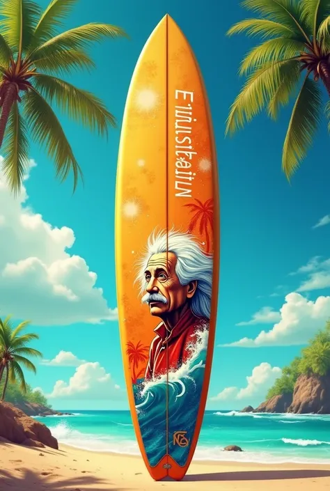 Create a surfboard design with the word Einstein on the side and stem, with the tropical summer vibes