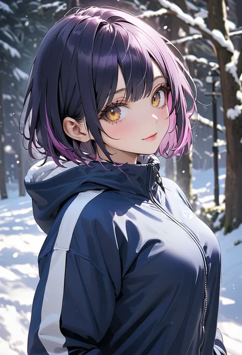 1 girl, high school girl, ((beautiful girl: 1.3), (short hair), Indigo Hair, Highly detailed eyes, Yellow and black eyes, (Blue sweatpants:1.3), (The jacket is a blue track jacket:1.3), ((Round and beautifully shaped butt)), in snowy Japan, (High Definitio...