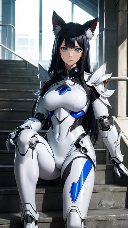 (masterpiece, best quality, ultra high res, beautiful detailed hair detailed face, perfrct feminine face), an anime picture of a woman in a white suit sitting on a stair, an anime drawing inspired by Leiko Ikemura, pixiv, furry art, fully robotic!! catgirl...