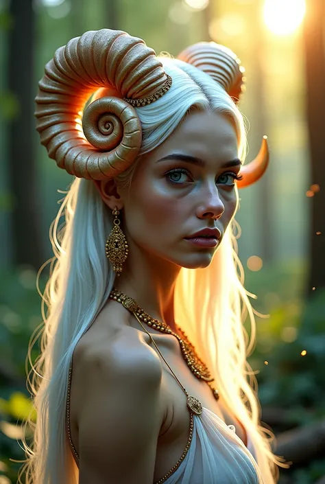 *"An ultra-photorealistic 8K cinematic portrait of a mystical woman with an otherworldly presence. Her head is adorned with an intricate, ornate headdress resembling the spiraling shell of a celestial mollusk, complete with gracefully curved, organic horns...