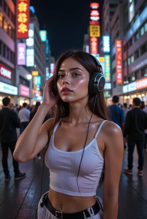 ((masterpiece)), one girl, wearing futuristic clothing, headphones on, neon lights, crowded city, cold atmosphere