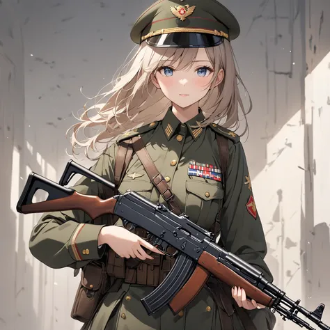  Masterpiece,  top quality,  1 girl, cowboy shot,  Delicate Eyes,  military uniform,  And -47, akm,  Kalashnikov_ rifle, assault_ rifle,  holding _gun