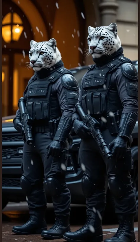 "Two futuristic soldiers stand side by side in a dimly lit urban environment at night. They wear sleek, black tactical armor with multiple pouches, straps, and reinforced protective gear, designed for high-tech military operations. Their faces are replaced...