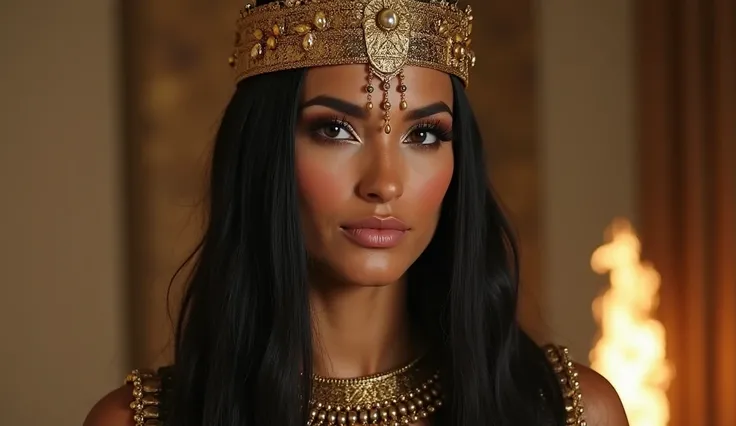 Photo of Cleopatra.  She's trying out a new scent made from lotus petals. She's gorgeous long straight black hair, MAKEUP,  ancient Egyptian clothes ,  wearing a golden crown , Demonstrating seduction 